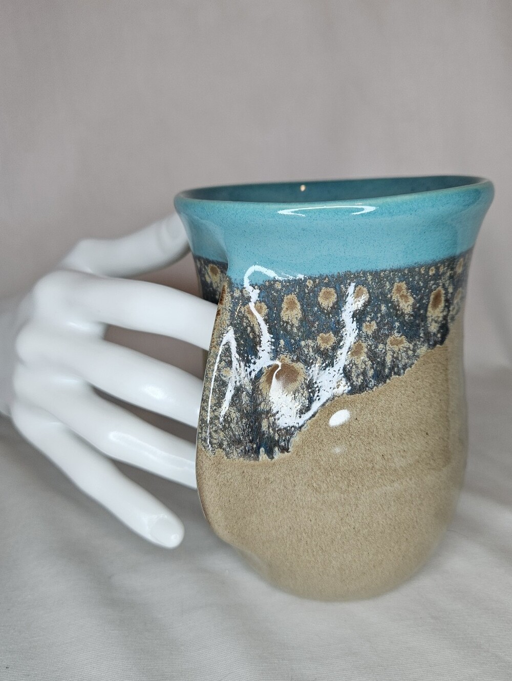 Clay In Motion Handwarmer Mug Mystic Waters Signed Neher 2018 Pottery Right Hand